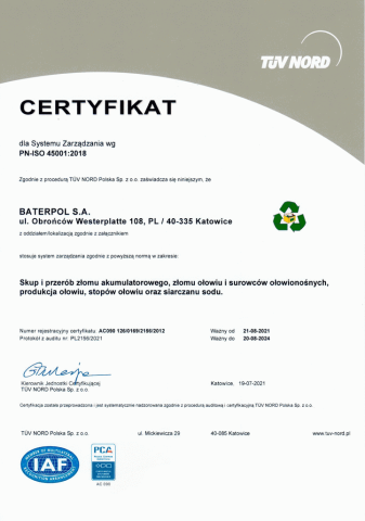 Certyfikat ISO 45001:2018