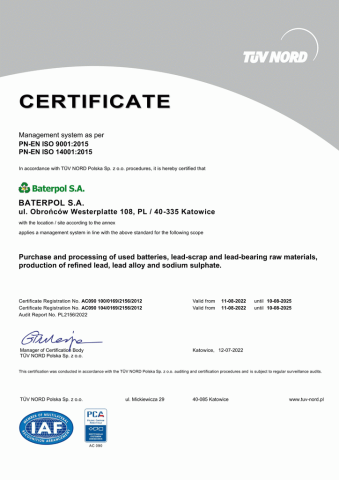 Certificate ISO 9001 and ISO 14001