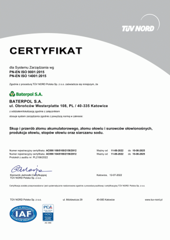 Certyfikat ISO 9001:2009 i ISO 14001:2005