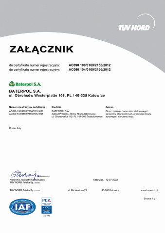 Załącznik do certyfikatu ISO 9001:2009 i ISO 14001:2005